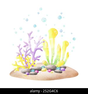 Fondale marino con alghe, coralli, ciottoli, pietre, bolle acquerello illustrazione isolata in stile cartoni animati. Fondo oceanico disegnato a mano nei colori giallo, lilla e verde per bambini nautici e marini. Foto Stock