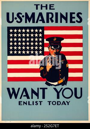 I Marines degli Stati Uniti ti vogliono, arruolati oggi - poster della propaganda della seconda guerra mondiale (U.S. Government Printing Office, 1940) Foto Stock