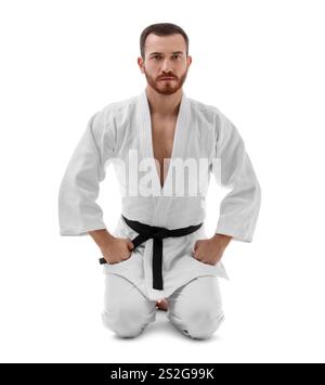 Combattente di karate in uniforme su sfondo bianco Foto Stock