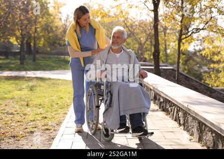 Assistente che assiste un anziano su sedia a rotelle nel parco. Servizio sanitario domiciliare Foto Stock