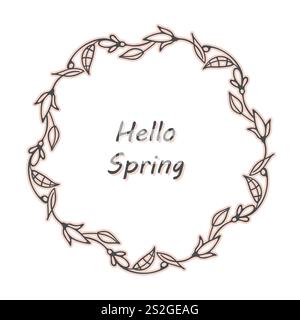 Cornice simbolo floreale. Primavera, confine estivo con la corona. Una linea nera. Graziosa illustrazione disegnata a mano in stile cartone animato. Le foglie di ramo fioriscono Illustrazione Vettoriale