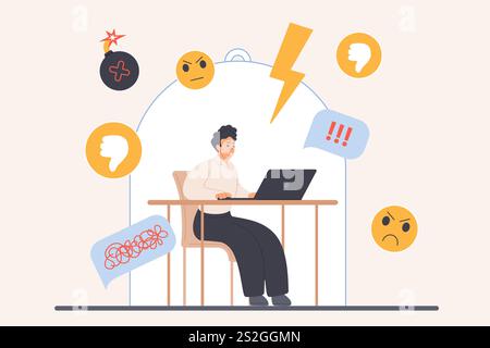 Pressione negativa di feedback, protezione sul posto di lavoro da critiche ai colleghi e al capo. Un piccolo uomo seduto alla scrivania del computer sotto un'illustrazione vettoriale di cartoni animati con schermo trasparente Illustrazione Vettoriale