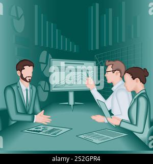 Un gruppo di persone conduce colloqui con le parti interessate per identificare e comprendere i problemi del processo decisionale. Illustrazione vettoriale 2D. Illustrazione Vettoriale