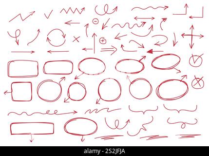 Set di frecce vettoriali disegnate a mano. Frecce per scarabocchi disegnate a mano. Illustrazione Vettoriale