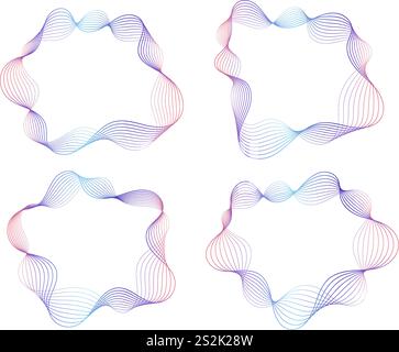Set di cornici ondulate astratte, bordi colorati e scorrevoli isolati sul bianco. Illustrazione Vettoriale