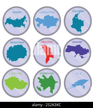 Paesi del mondo sulle monete. Set (Imposta). Mappa della Terra derivata da: http://www.lib.utexas.edu/maps/world maps/world physical 2011 nov.pdf, ed è stata tran Illustrazione Vettoriale