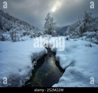 Piccolo fiume che si snoda attraverso una valle innevata, alberi innevati Foto Stock