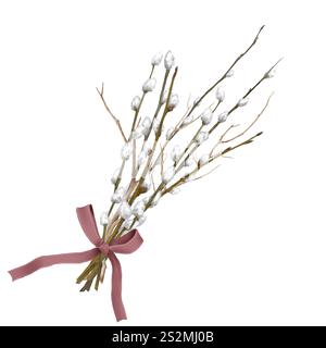 rami di salice con piccoli boccioli soffici in un bouquet con fiocco. Illustrazione digitale acquerello. Willow, un simbolo tradizionale delle vacanze primaverili EA Foto Stock