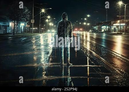 Spaventoso zombie sulla strada della città notturna. Rete neurale ai generato arte Foto Stock