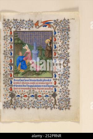 Folio 191r, San Paolo l'Eremita vede un cristiano tentato (Belles Heures di Jean de France). Foto Stock