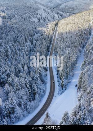 Vista dall'alto di una strada innevata che si snoda attraverso una foresta invernale, Bad Wildbad, distretto di Calw, Foresta Nera, Germania, Europa Foto Stock