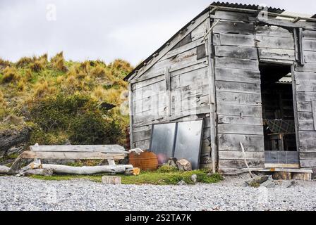 Capanna in legno abbandonata con tetto in lamiera e porta mancante a Ushuaia, Terra del fuoco, Argentina, Sud America Foto Stock