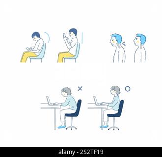 Buona postura seduta, cattiva postura seduta, collo dritto Foto Stock