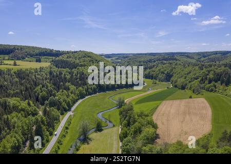 A sud di Gundelfingen, valle del Lauter o Grosses Lautertal, affluente sinistro del Danubio, Alb svevo, Baden-Wuerttemberg Foto Stock