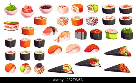 Sushi e panini giapponesi a cartoni animati con sashimi per menu di cucina asiatica, icone vettoriali. Set di sushi di nigiri, maki e involtini hosomaki con pesce, gamberi e caviale di pesce, wasabi e salsa di soia Illustrazione Vettoriale