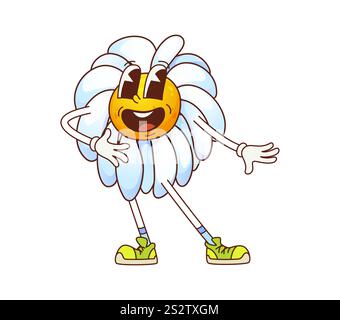Simpatico personaggio divertente con fiori di camomilla a margherita. Fiore del vettore cartoni animati y2k con petali bianchi e centro giallo. Il giardino estivo fiorisce il personaggio hippie con un viso sorridente che evoca lo spirito retrò degli anni '60 o '70 Illustrazione Vettoriale