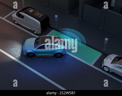 Parcheggio in parallelo notturno del SUV con sistema automatico di assistenza al conducente per il parcheggio Foto Stock