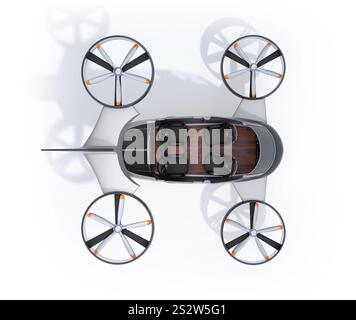 Vista dall'alto di un modello in sezione di una fusoliera di un drone automatizzato. Concetto di interni per auto volanti. Foto Stock