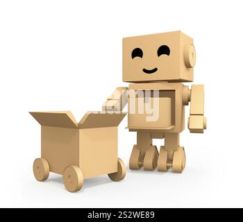 Immagine di un robot in cartone che trasporta un pacco su un veicolo in consegna Foto Stock