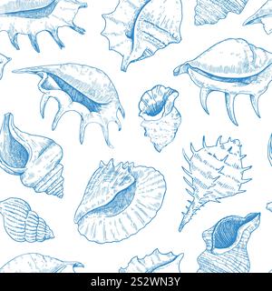 Motivo senza cuciture con shell. Illustrazioni dettagliate dell'inchiostro in bianco e nero per la progettazione. Illustrazione Vettoriale