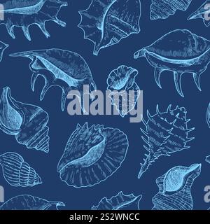 Motivo senza cuciture con shell. Illustrazioni dettagliate dell'inchiostro in bianco e nero per la progettazione. Illustrazione Vettoriale