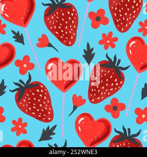 Motivo San Valentino senza cuciture con fragole rosse, fiori e lollypops a forma di erba. Illustrazione vettoriale Illustrazione Vettoriale