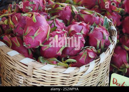Un meraviglioso drago fresco esposto in un cestino tradizionale in un vivace mercato Foto Stock