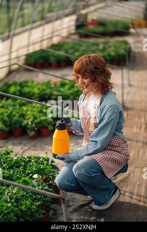 Fiorista sorridente di zenzero accovacciata alla serra con spruzzatore da giardino in mano e coltivare piante e fiori con fertilizzante. Lavori in serra Foto Stock