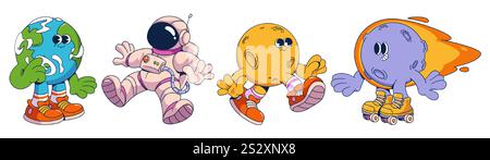 Set di caratteri spazio per scanalature. Mascotte cosmiche - Terra in scarpe da ginnastica, astronauta giocoso, pianeta amico a piedi con scarpe e meteora viola con coda di fuoco della cometa arancione. Personaggi dei cartoni animati dell'universo Illustrazione Vettoriale