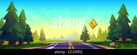 Paesaggio estivo della strada forestale - autostrada tortuosa attraverso pini verso montagne lontane sotto il cielo del sole mattutino. Natura selvaggia panoramica con segnale di attraversamento dei cervi, uccelli volanti e ambiente naturale. Illustrazione Vettoriale