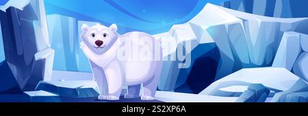 Orso polare in piedi vicino all'ingresso della grotta artica del ghiacciaio - paesaggio ghiacciato con formazioni di ghiaccio cristallino, terreno innevato, apertura profonda di caverne blu. Animale selvatico soffice bianco in ambiente invernale. Illustrazione Vettoriale