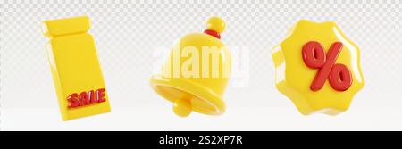 Set di icone dei buoni sconto 3D: Cartellino di prezzo giallo brillante con testo di vendita rosso, campanello di notifica, simbolo di percentuale sulla forma a stella. Elementi promozionali lucidi per banner promozionali e marketing retail. Illustrazione Vettoriale