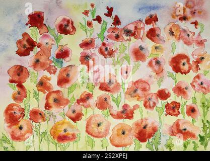 Opera d'arte ad acquerello Poppy Field. La tecnica di taglio vicino ai bordi offre un effetto di messa a fuoco morbido a causa della rugosità alterata della superficie della carta. Foto Stock