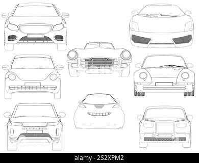 Set della vettura di contorno. La vettura è progettata per velocità e prestazioni, con un motore potente e caratteristiche aerodinamiche. Vista frontale Illustrazione Vettoriale
