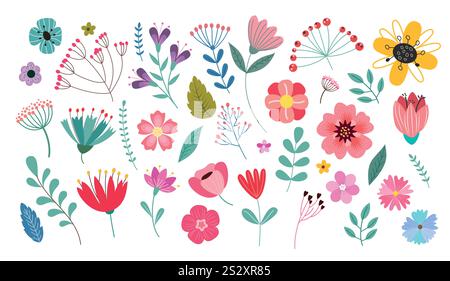 Fiori che disegnano un set di clipart colorato. Clip art con fiori primaverili in una collezione di elementi piatti colorati e multicolori ad acquerello. Illustrazione vettoriale Illustrazione Vettoriale