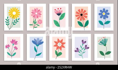 Set poster clipart con cornice floreale. Collezione d'arte di clip per il disegno dei fiori primaverili come narcisi, camomilla, margherite, narcisi e croco elementi piatti Illustrazione Vettoriale