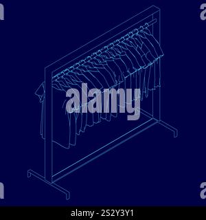 Immagine blu di un appendiabiti con gli abiti appesi su di esso. Gli abiti sono tutti diversi colori e stili, e il rack è alto e stretto. Concetto di Illustrazione Vettoriale