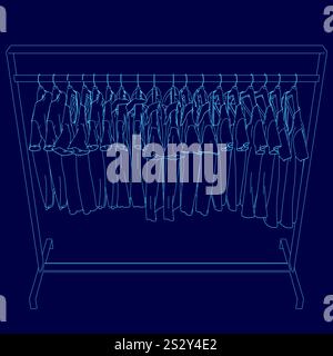Disegno blu di un appendiabiti con molti vestiti appesi su di esso. Gli abiti sono tutti diversi colori e stili, e il rack è alto e stretto. Cen Illustrazione Vettoriale
