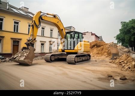 L'escavatore giallo si rimuove. Scavatore industriale. Generare intelligenza artificiale Foto Stock