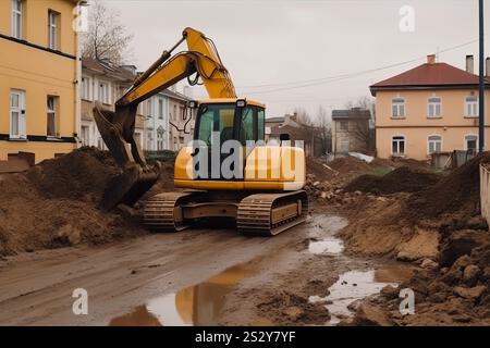 L'escavatore giallo rimuove il terreno. Scavatrice. Generare intelligenza artificiale Foto Stock