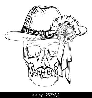 Cinco de Mayo teschio umano in cappello, rosetta a nastro, baffi. Simbolo della festa messicana del giorno dei morti. Illustrazione isolata del vettore di inchiostro disegnata a mano Illustrazione Vettoriale