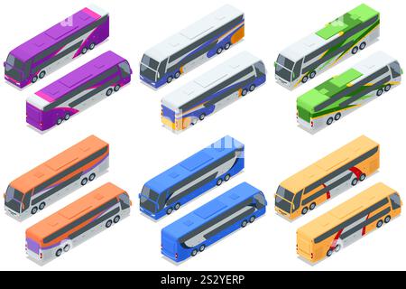 Autobus a due piani in più colori. Illustrazione vettoriale isometrica di autobus colorati a due piani. Progettato per concetti di trasporto, turismo e. Illustrazione Vettoriale