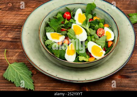 Ciotola con insalata di foglie di ortica, uova e pomodori su un tavolo rustico in legno. Foto Stock