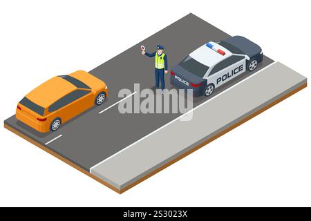 Un agente di polizia ferma un'auto arancione per un controllo su strada di routine. Una macchina della polizia è parcheggiata nelle vicinanze su una strada asfaltata. Grafica vettoriale isometrica Illustrazione Vettoriale