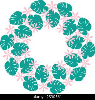 Fiori astratti e Monstera lascia bordo circolare Summertime. Modello spazio copia tropicale. Schede illustrative vettoriali isolate, poster, opuscoli, brochure, prezzi, etichetta o banner promozionale web Illustrazione Vettoriale