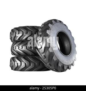 Quattro grandi pneumatici in piedi su sfondo trasparente 3d. Foto Stock