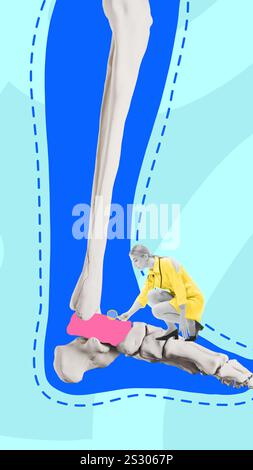 Ricercatrice medica femminile in camice da laboratorio giallo ispezionando attentamente il modello di osso del piede grande, mostrando i dettagli dell'anatomia umana. Progettazione concettuale. Foto Stock