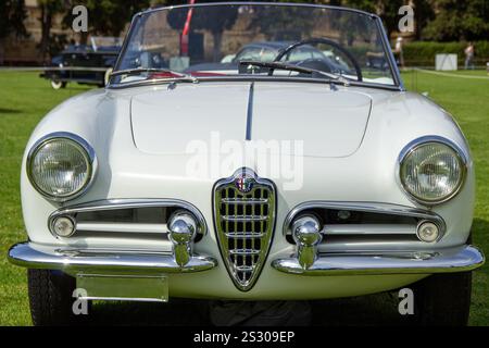 Classico ragno bianco di Alfa romeo giulietta parcheggiato sull'erba in una mostra di auto d'epoca, con un design automobilistico senza tempo Foto Stock