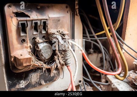 Combustione del quadro elettrico da sovraccarico o cortocircuito sulla parete. Interruttori automatici in caso di incendio e fumo causato da surriscaldamento a causa di un collegamento scadente. Rete neurale Foto Stock