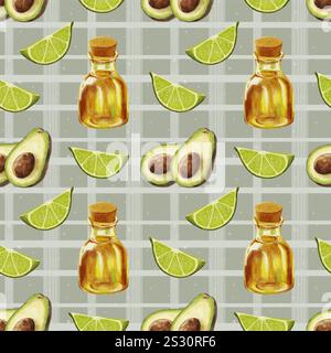 Motivo avocado acquerello. Motivo senza cuciture con avocado e lime e una bottiglia di olio su fondo a reticolo. Una fetta di lime e mezza di un Foto Stock